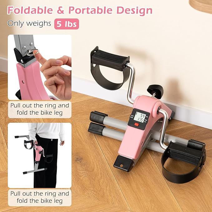 Goplus Folding Pedal Exerciser, Under Desk Mini Exercise Bike for Arm & Leg Workout, Portable Desk Bike Peddler Machine w/ Adjustable Resistance & LCD Display for Adults Seniors, Home & Office