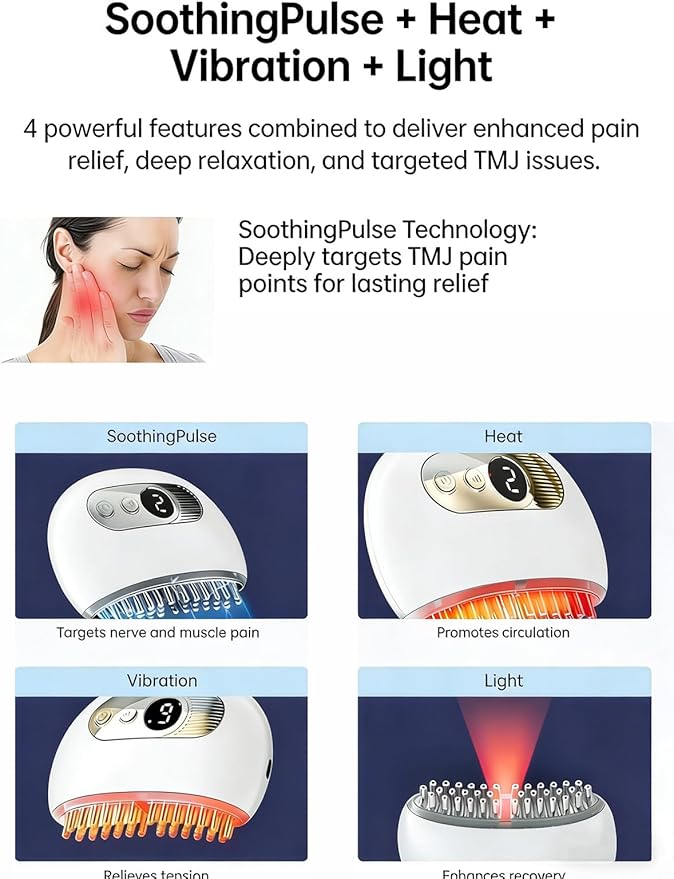 TMJ Relief Products Jaw, TMJ Massager with Vibration and Heating, Ergonomic Multi-Needle TMJ Massage Tool for Jaw & Neck Pain, Clenching & Teeth Grinding (White)