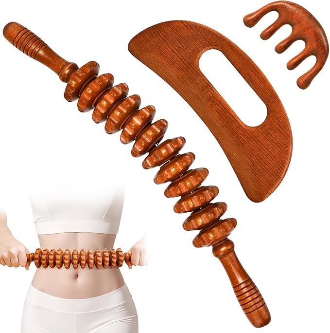 3-in-1 Wood Therapy Massage Tools Wooden Gua Sha Lymphatic Drainage Massager Body Sculpting Tools, Maderoterapia kit, Anti-Cellulite, Body Sculpting & Contouring