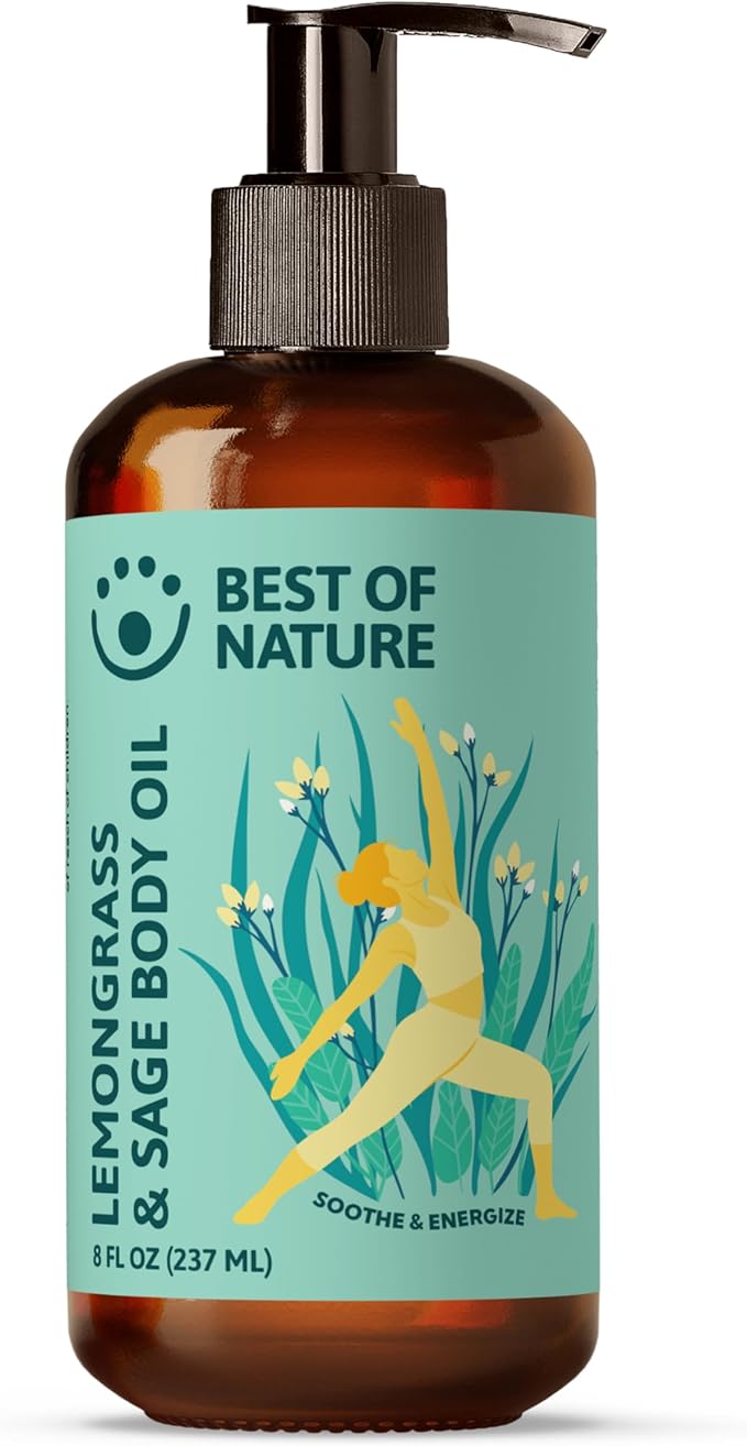 Best of Nature Lemongrass and Sage Massage Oil Blend - Non-Greasy Aromatherapy Massage Oil for Body, Skin & Face, Crafted with Pure Essential Oils (8 fl oz)