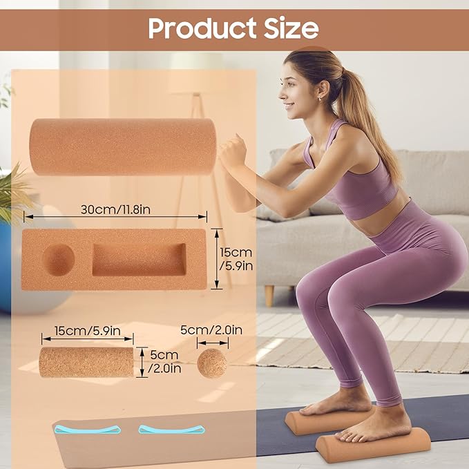 Cork Balance Board, Premium Ankle Balance Board & Foot Strengthener Exerciser Trainer Set for Mobility Support and Balancd Stability, with Massage Ball & Resistance Bands