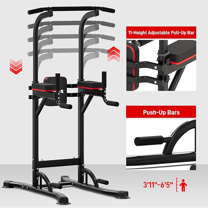Outdoor Basic Power Tower, Pull Up Bar and Dip Station for Home Gym, 1400LBS Weight Capacity, Adjustable Height, Heavy Duty Steel Frame for Calisthenics, Strength Training Fitness Equipment