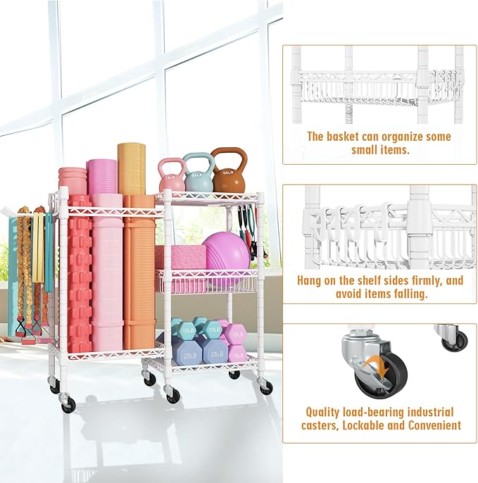 FUTASSI Home Gym Storage, 3 Tiers Workout Equipment Organizer with Wheels for Yoga Mats, Foam Roller, Dumbbells, Kettlebells, and Resistance Bands
