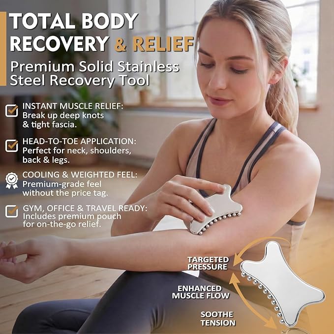 Stainless Steel Gua Sha & Muscle Scraper Tool Set – 2-in-1 Manual Deep Tissue Body Massager with Acupressure Pen – Ergonomic Handheld Tool for Myofascial Release, Trigger Points & Mobility