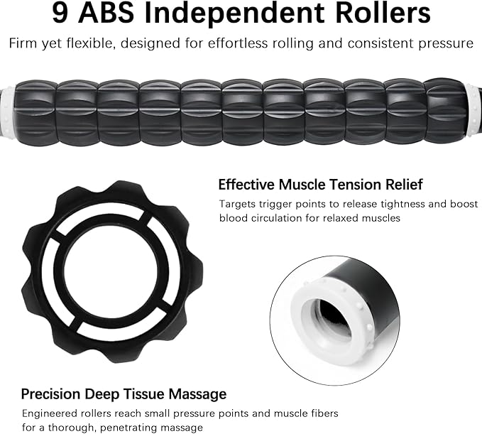 Muscle Roller Massage Roller Stick- Deep Tissue Fascia Blaster for Myofascial Pain Relief, Lymphatic Drainage & Body Sculpting, Handheld Physical Therapy & Recovery Tool (White black-18 inch)