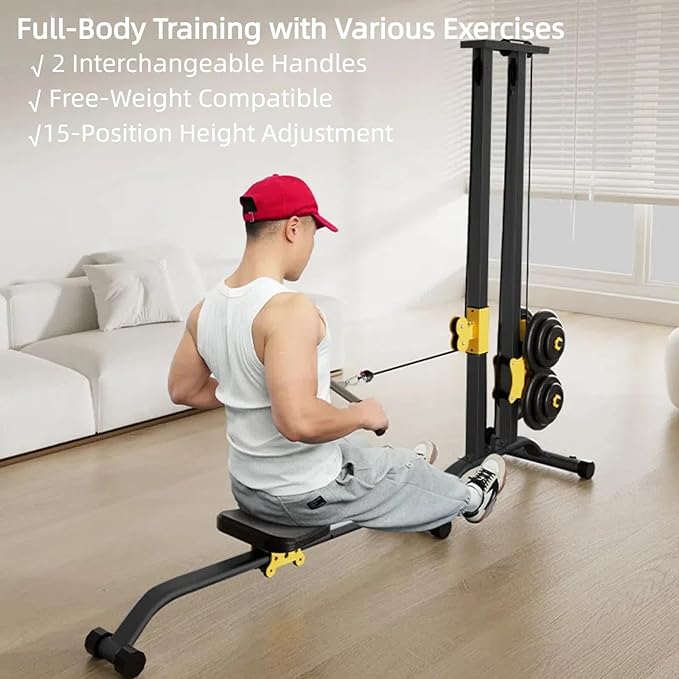 Foldable Rowing Machine & LAT Pull Down Machine 2-in-1, Multi-Function Home Gym Equipment with 19 Workouts, Max 220lbs,Compact for Small Spaces