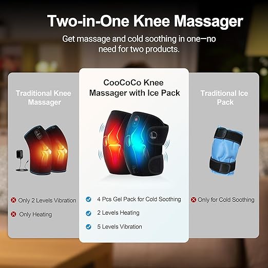CooCoCo FSA Eligible HSA Knee Massager with Heat, Knee Pain Relief, Knee Heating Pad, Electric Heated Knee Brace with 2 Heating Levels, 5 Vibration Modes, 4pcs 5''x9'' Cold Packs