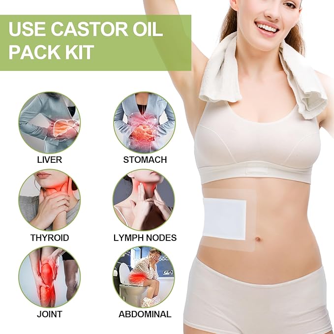10pcs Castor Oil Pack Wrap, Castor Oil Patches for Abdominal Area, Silicone Gel Technology for Gentle Sensitive Skin Comfort, Low Sensation Wear, Painless Removal