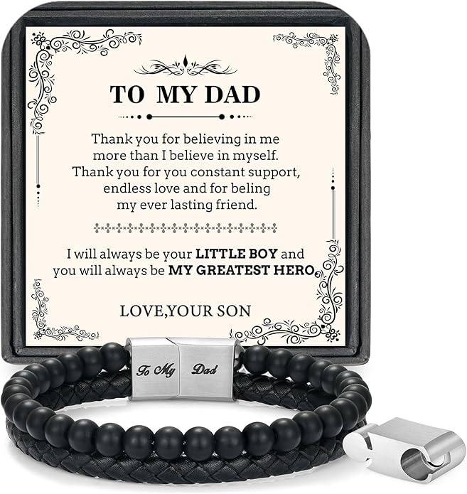 LUXEJEW Gifts for Men - Beaded Leather Bracelet 6mm Matte Agate Stone Bracelets for Men Dad Son Husband Boyfriend Grandpa Grandson Brother Uncle Nephew Adjustable Magnetic Clasp
