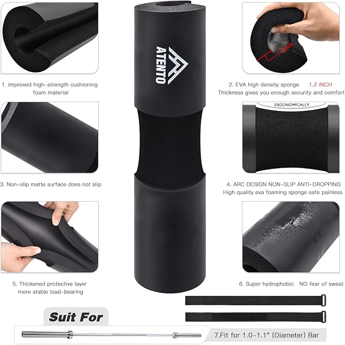 ATENTO 10Pcs Barbell Pad Set with Weight Lifting Belt, Thick Cushion Hip Thrust Pad for Bench Press, Lunges, Workout, Leg Exercise, Squat Bar Pad for Relief Pressure from Neck & Shoulder for Smith machine & Olympic Bars, with 2 Gym Ankle Straps, Hip Re...
