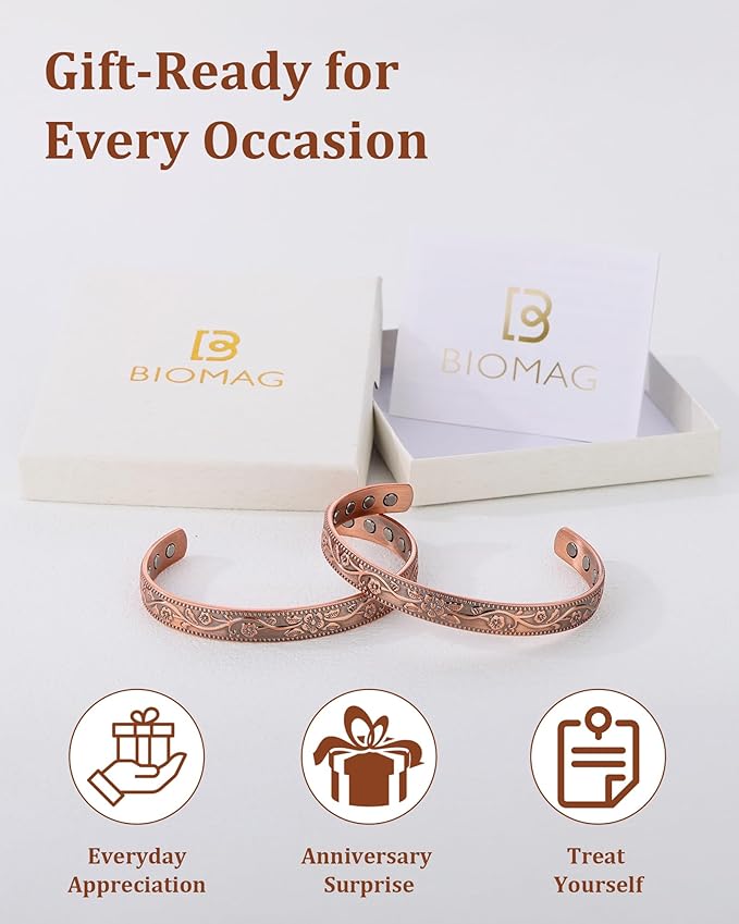 BioMag 2 Pcs Magnetic Copper Bracelet for Women Men, 99.99% Pure Copper Cuff Bangle with with 12 Pcs 3500 Gauss Magnets, Adjustable Size, Floral Vine Design