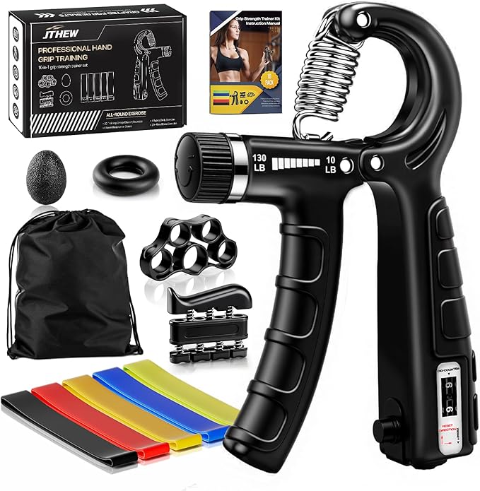 Grip Strength Trainer Kit (10-Pack): Adjustable Hand Gripper & Forearm Strengthener with Finger Stretcher, Ring, Stress Ball & 5 Bands for Muscle & Recovery.