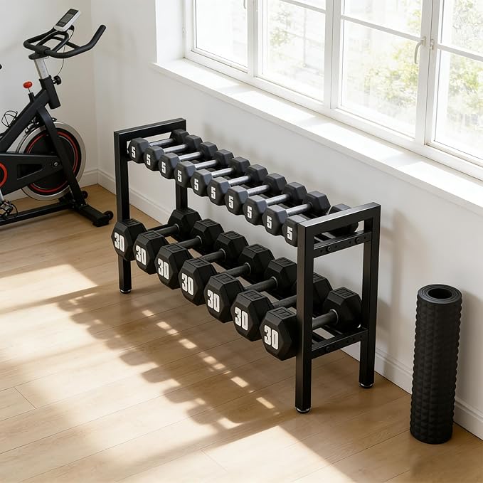 32 IN Dumbbell Rack 2 Tier Adjustable Kettlebell Storage Shelf Heavy-Duty 500LB Space-Saving Weights Stand for Home Gym(Rack Only)