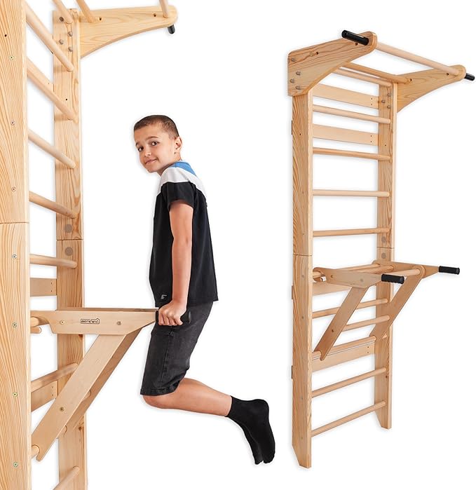 Swedish Ladder Wall Bars with Pull-Up Bar & Dip Station – Wooden Stall Bars, Multifunctional Home Gym Wall Ladder for Strength Training & Stretching