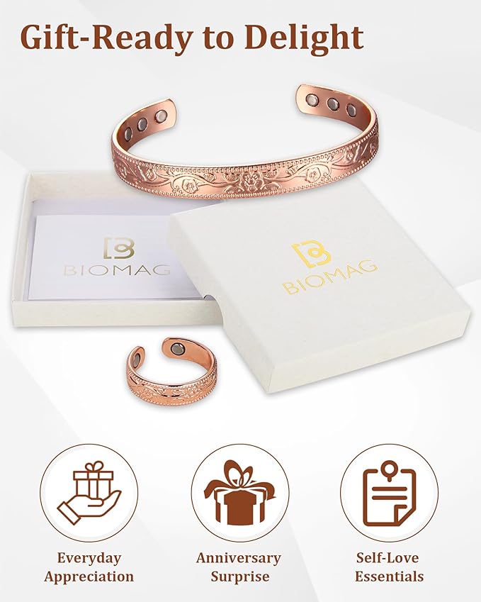 BioMag Women's Lymphatic Drainage Ring & Copper Bracelet, 99.99% Pure Copper Magnetic Bracelet & Ring with Built-in 3500 Gauss Magnets, Adjustable Size, Floral Vine Pattern
