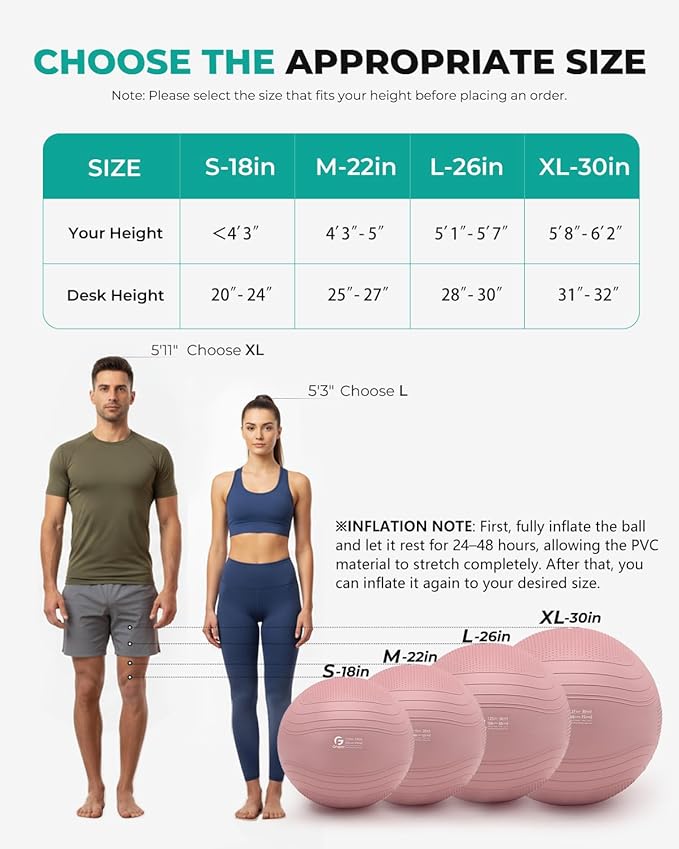 Gruper Yoga Ball, Extra Thick Exercise Ball for Workout Pregnancy Stability - 4 Sizes Anti Burst Balance Ball for Yoga, Pilates, Fitness, Birthing, Physical Therapy - Includes Pump