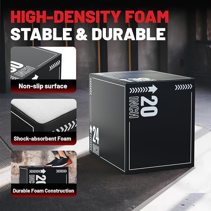papababe 3-in-1 Plyometric Jump Box Workout Equipment, Box Jumps for Home Gym, Trainer with Anti Slip Surface and High Density Foam, Box Height: 20", 24", 30"