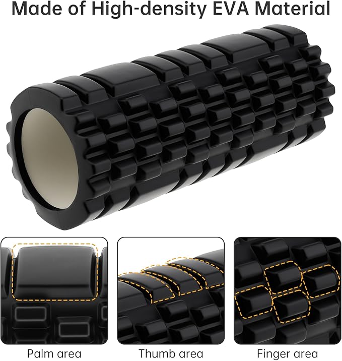 High Density EVA Foam Roller for Physical Therapy, Yoga & Pilates - Muscle Recovery, Deep Tissue Massage, Myofascial Release with Portable Mesh Bag（Black）