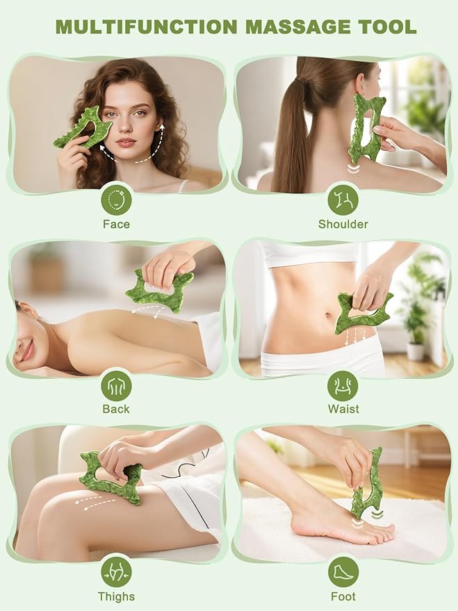 6-in-1 Jade Stone Body Gua Sha Facial Tools - Lymphatic Drainage Tool, Face Sculpting Tool & Acupressure tool - Body Guasha Tool, Trigger Point Massage Tool for Fascia Massage Valentine's Day Gifts