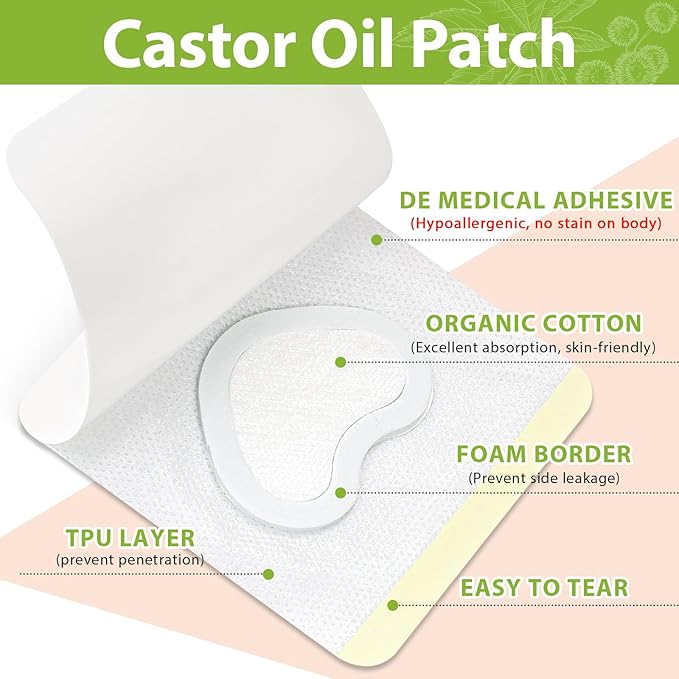 30 Pcs Castor Oil Patches with Castor Oil Organic Cold Pressed Unrefined Glass Bottle(3.5oz),Cotton Caster Oil Pack Wrap for Waist Back Neck Arm Belly,Self-Adhesive Disposable for Convenient Use