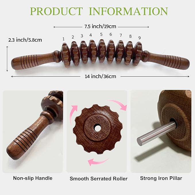 Wooden Curved Manual Massage Stick, 9 Roller Handheld Trigger Point Massager for Fascia, Cellulite, Muscle & Abdomen, Body Therapy Massager, Belly Relief Tool (Brown)