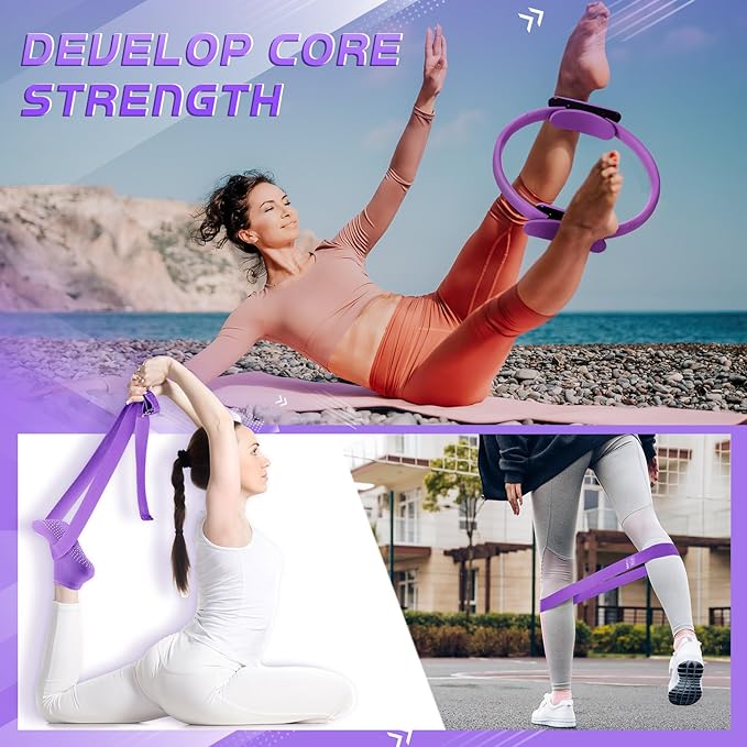 Poen 18 Pcs Home Pilates Ball and Ring Circle Set Yoga Fitness Essentials Kit with 5 Resistance Band Stretching Strap Non Slip Sock Ball Core Slider Wristband Headband Gym Bag for Women