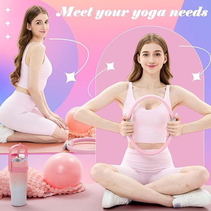 Poen 7 Pcs Pilates Essentials Kit for Women Home Workout Pilates Equipment Ring and Ball Set with 11.81 Inch Circle 9.84 Inch Yoga Ball Resistance Bands Cup Bag Socks for Beginners