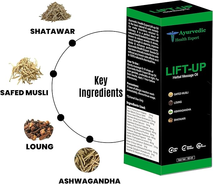 Lift-up 50ml | 100% Pure & Natural Herbal Massage Oil for Men | Boosts Strength, Stamina & Vitality | Chemical-Free Ayurvedic Formula