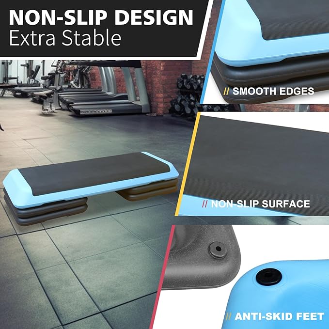 43''Inch Adjustable Aerobic Exercise Step Platform with 4 Stackable Risers - Home Gym Fitness Stepper for Cardio, Strength Training
