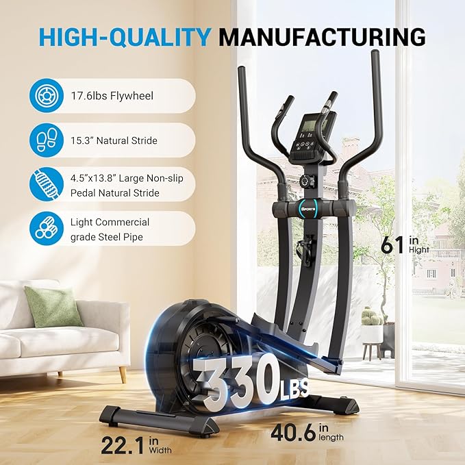 THERUN Elliptical Exercise Machine, Hyper-Quiet Magnetic Elliptical Machine for Home, 15.3IN Stride Elliptical Training Machines with 16 Resistance Levels, 17.6LBS Flywheel