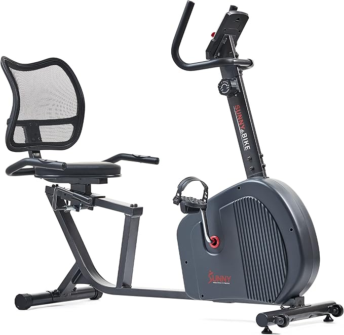 Sunny Health & Fitness Smart Recumbent Exercise Bike, Adjustable Cushion Seat & Mesh Back-Rest for Home Training, Magnetic Resistance & Belt-Drive for Quiet & Smooth workout, Free SunnyFit App Connect