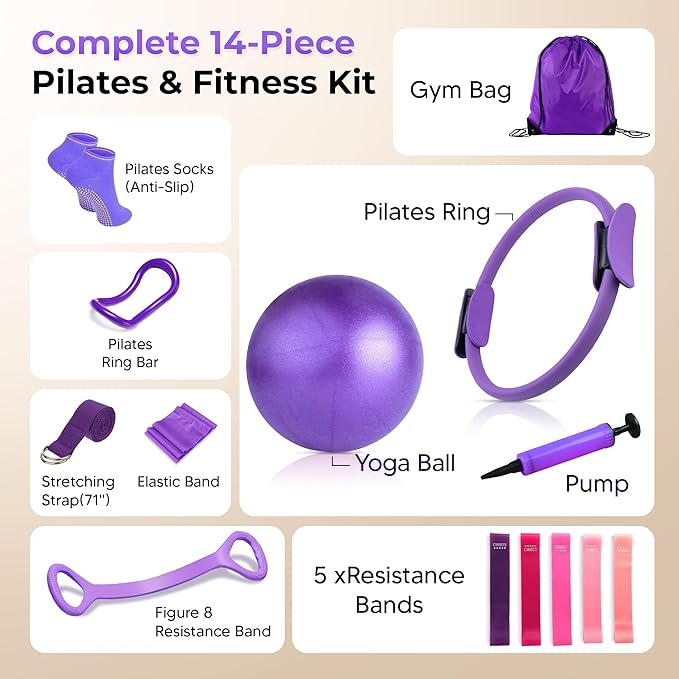 Pilates Ball and Ring Set for Women - 14-Piece At Home Pilates Kit with 12-Inch Magic Circle, 5 Resistance Bands, Home Workout Equipment for Full Body Training (Pink)