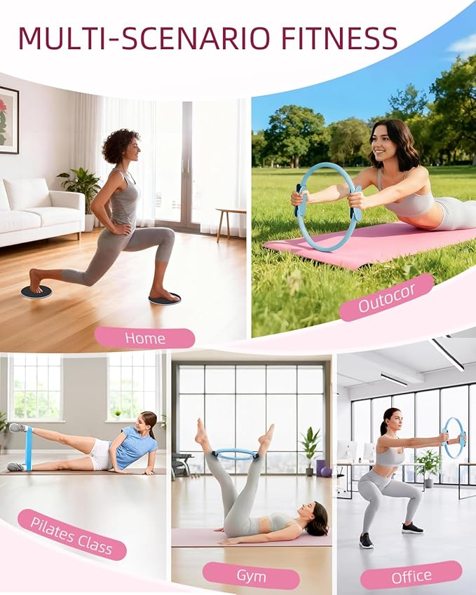 Abahub Pilates Ring Set, Home Workout Pilates Equipment, 14”Magic Circle, Yoga Ball, Resistance Bands, Sliding Disks, Socks, Fascial Ball, Workout Guide & Bag, Blue Set