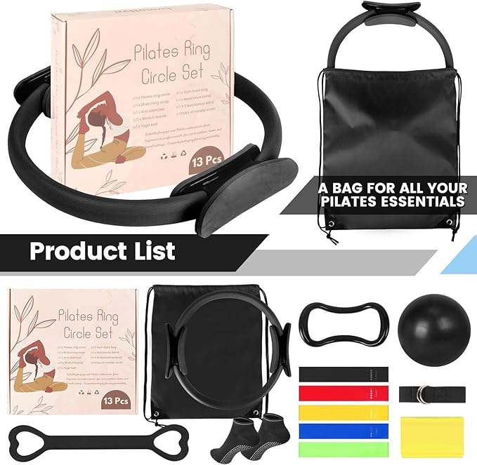 Home Pilates Essentials Kit for Women - Complete Pink Equipment Set with 9 Inch Yoga Ball, Figure 8 Resistance Band, Bands & Accessories, Ring for Beginners Workouts
