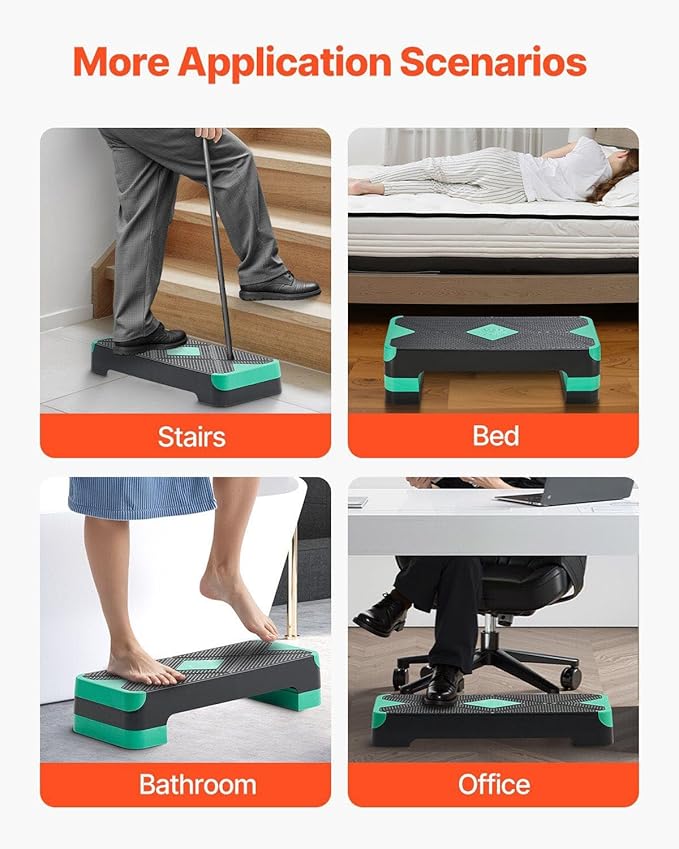 Aerobic Exercise Step Platform, 28-Inch Workout Aerobic Stepper, Height Adjustable Fitness Training Step Deck Trainer with 4 Risers, Non-Slip Surface Bench for Home Gym Cardio Strength, Green