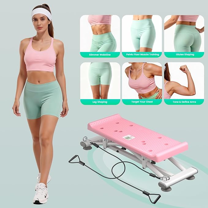 Balance Board with Pushup Handles, 300LBS Ski Balancing Machine Exercise Equipment with Resistance Bands LCD Monitor for Cardio, Home Ski Simulator Trainer for Full Body Workout, Pink