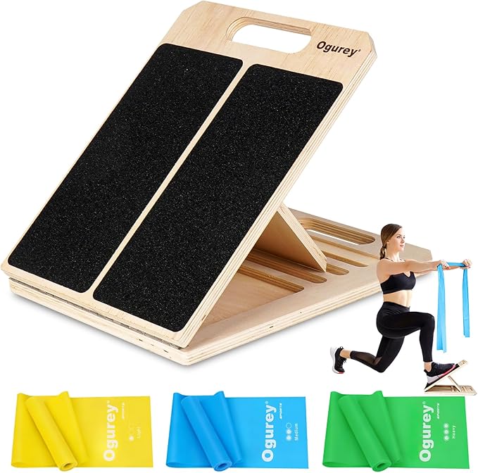 4 Pieces Slant Board with Exercise Bands, Premium Calf Stretch Board, Portable Adjustable Slant Board for Calf Stretching, 350LB Weight Capacity Calf Ankle Achilles Physical Therapy Leg Exercisers