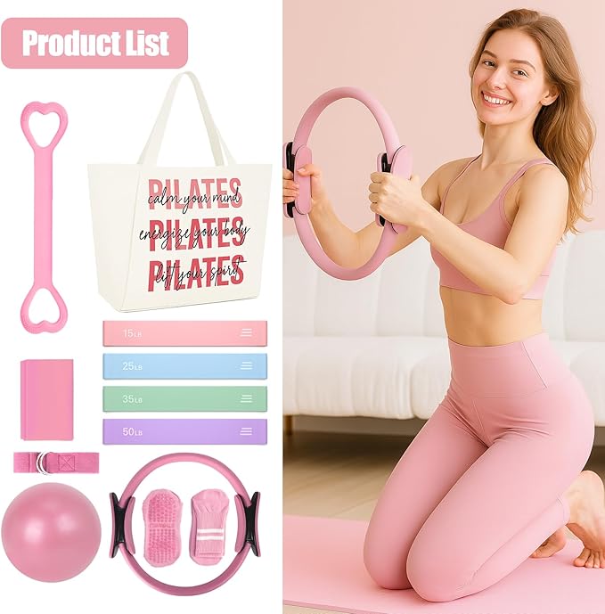 Pilates Kit for Home Workouts with Pilates Ring and Ball Set, Resistance Bands Set, Yoga Mat Bag, Yoga Straps, Figure 8 Resistance Band, Pilates Essentials Kit for Women, Beginners,Pilates Set Gift
