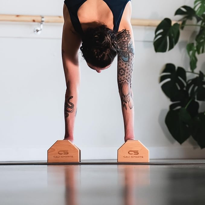 CALI SPORTS Calisthenics Wood Parallettes Bars | Push Up Bar That Will Not Slip or Wobble | Wrist Wraps Included