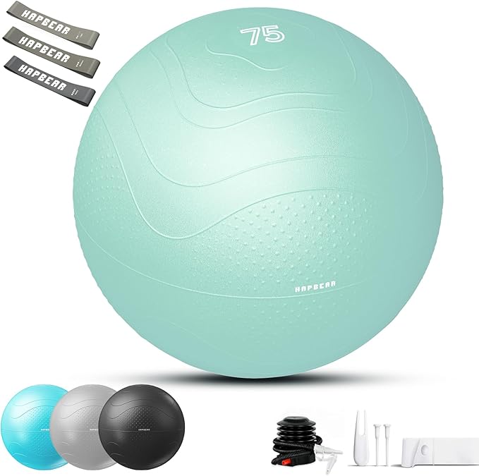 HAPBEAR Exercise Ball (22''/26''/30'') - Anti-Burst Slip-Resistant Yoga/Pilates Ball for Core Training & Posture Improvement, Home Gym/Rehab/Pregnancy Ball, Quick Pump & 3 Resistance Bands Included