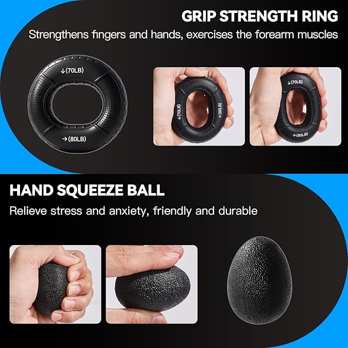 7PCS Grip Strength Trainer Kit, 2 Adjustable Forearm Resistance Grips, Finger Stretchers, Grip Ring, Hand Squeeze Ball, Finger Exercises, User Manual, Suitable for Hand Training, Suitable for Everyone