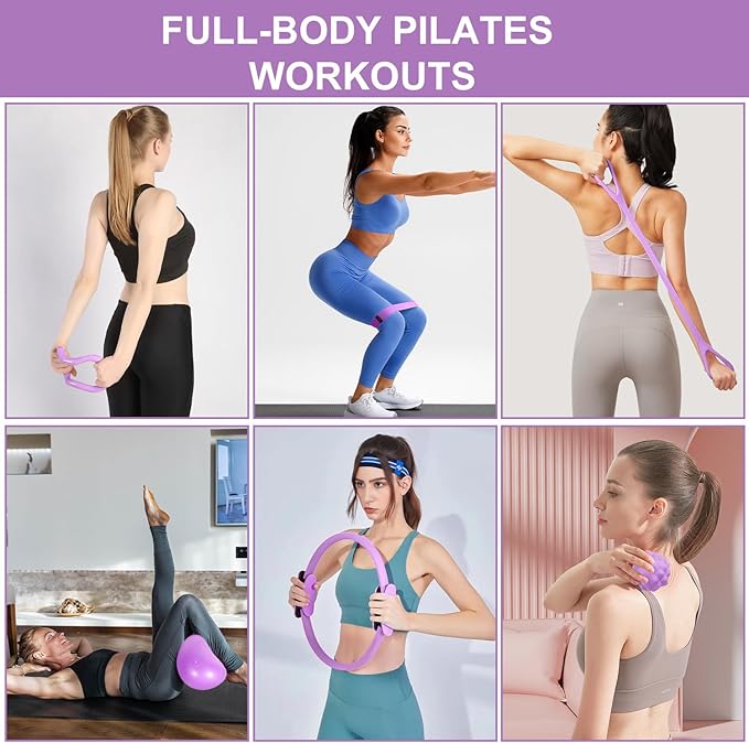 Pilates Ring Set with Resistance Bands– Anti-Slip Magic Circle Pilates Ring for Home Workouts, Full-Body Toning, Strength Training for Women 14PCS
