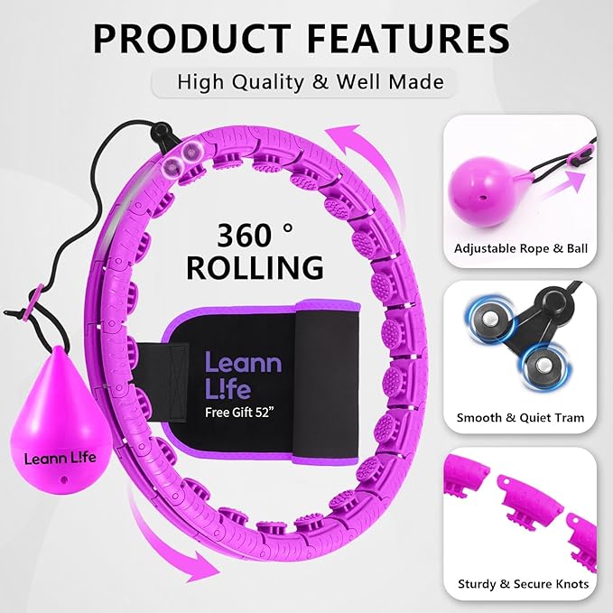 U2-26 Knots 19”- 56”, Weighted Hula Hoop for Adults Weight Loss, Infinity Hoop Plus Size, Children Adults Home Outdoors, Fun Fitness Exercise, Abdominal Toner,Free Waist Trimmer&Wash Bag
