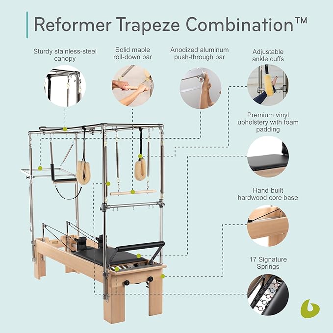 Balanced Body Pilates Reformer with Revo Footbar and Trapeze Combination, Pilates Exercise Equipment, Workout Equipment for Home or Studio