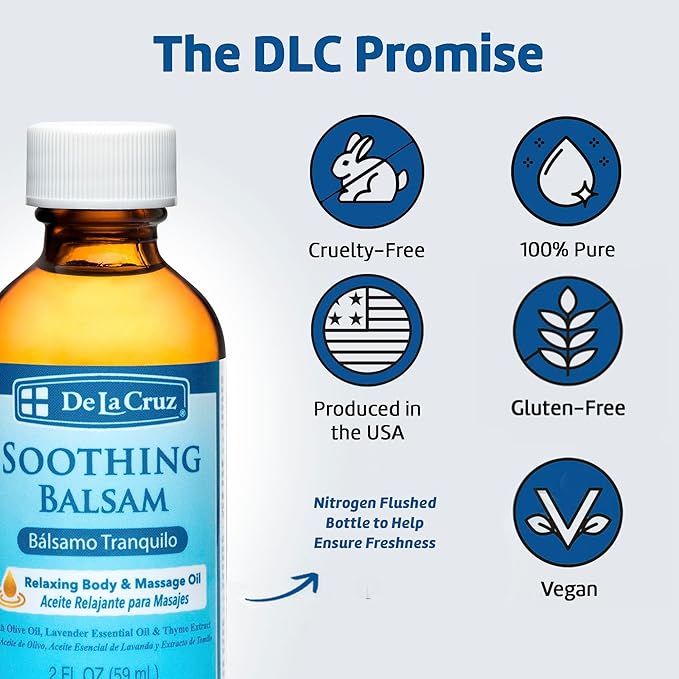 De La Cruz Soothing Balsam (Balsamo Tranquilo) Massage Oil - No Preservatives or Artificial Colors - Made in USA - 2 FL OZ (6 Bottles)