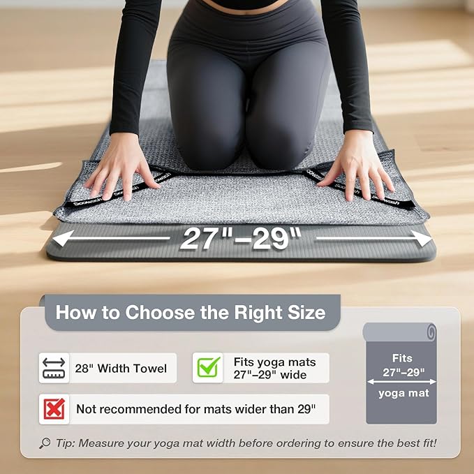 Hot Yoga Towel,Microfiber Yoga Mat Towels Non Slip for Hot Yoga Absorbent Microfiber Sweat Anti-Slip Cover,Bikram,Pilates,Exercise,Fitness 28 inch X 72 inch Grey 2 Pack