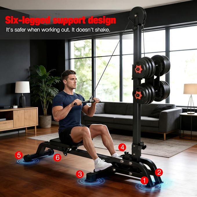 Foldable Multifunctional Rowing Machine, Dumbbell-Loaded Home Gym Equipment, Adjustable Resistance Strength & Cardio Trainer, Full Body Workout with Pull Down System (No Dumbbells Included)