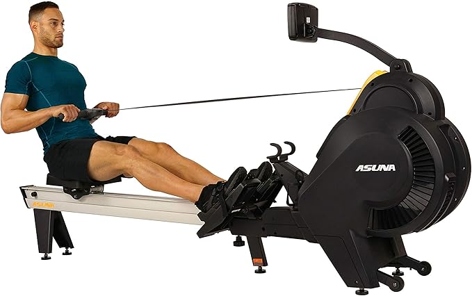 Sunny Health & Fitness AeroForce Fan Rower, Commercial Grade Rowing Machine with Performance Monitor, Long Foldable Rail for Home Cardio Training, Optional Dual Resistance