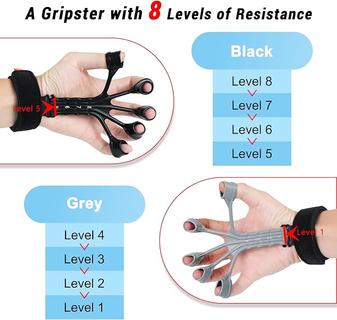 Grip Strength Trainer,Gripster, 4 Pcs Hand Gripper Strengthener, 8-Gear Strength Adjustment, Used to Exercise Finger Strength, Flexibility and Physical Recovery of Hands.