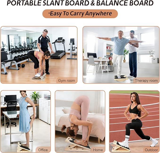 ZALL Wooden 2-in-1 Slant & Balance Board, Adjustable Wobble Design for Calf Stretch Exercise, Knee Ankle Heel Foot Pain Relief